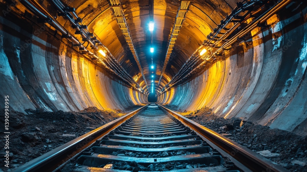 Poster a mining tunnel features illuminated tracks guiding towards the depths of the excavation site. rugge