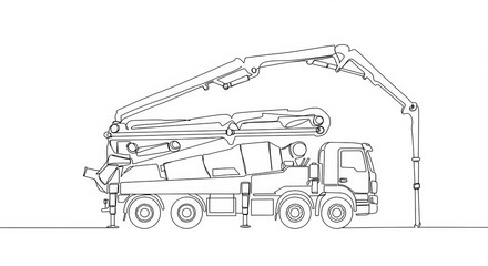 Elegant minimalist line art depicting concrete pump truck during construction job