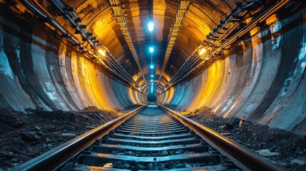 A mining tunnel features illuminated tracks guiding towards the depths of the excavation site. Rugged walls reveal the process of mineral extraction and ongoing infrastructure development.