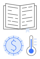 Open book with bookmark, blue dollar sign coin, and thermometer. Ideal for education, finance, budgeting, knowledge, growth success planning. Flat simple metaphor