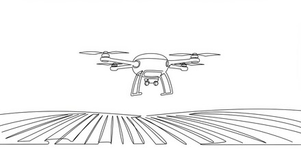 Fototapeta premium Minimalist line drawing of smart farming drone over fields for sustainable agriculture