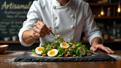Michelin chef plating deconstructed Niçoise salad with tweezers against artisan chalkboard.