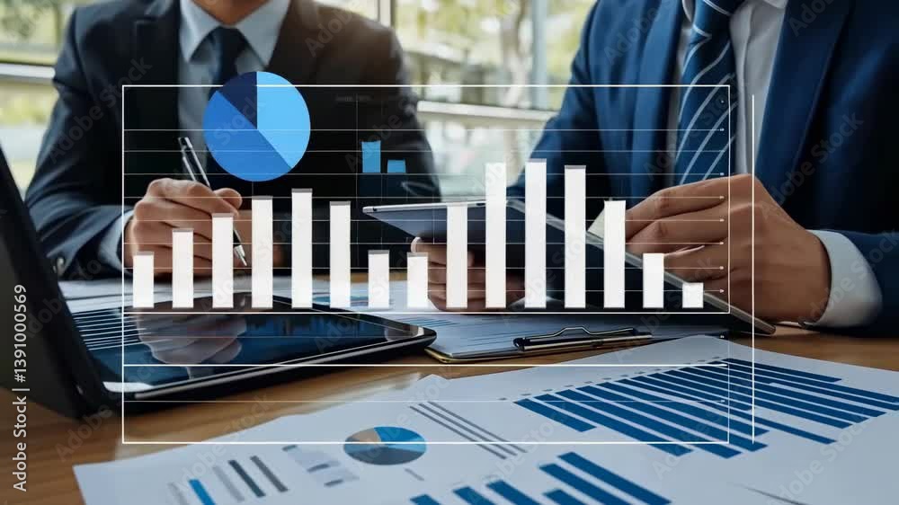 Poster Two professionals in suits analyze business data, utilizing a tablet and laptop. Charts and graphs displayed, with a transparent growth strategy overlay. Focused on review and collaboration.