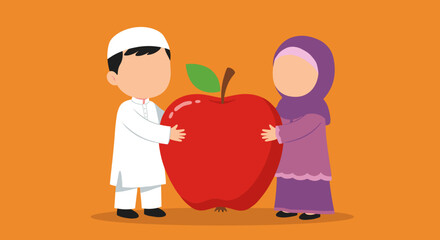Obraz premium Animated Moslem Boy And Girl Holding A Big Red Apple With Green Stem On Orange Background