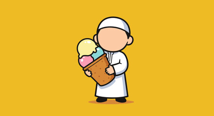 Obraz premium Cartoon Illustration Of A Muslim Boy Holding A Colorful Ice Cream Cone Against A Yellow Background