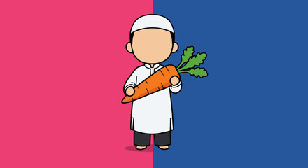 Obraz premium Moslem Boy Holding A Large Carrot In Vector Style Against Pink And Blue Background