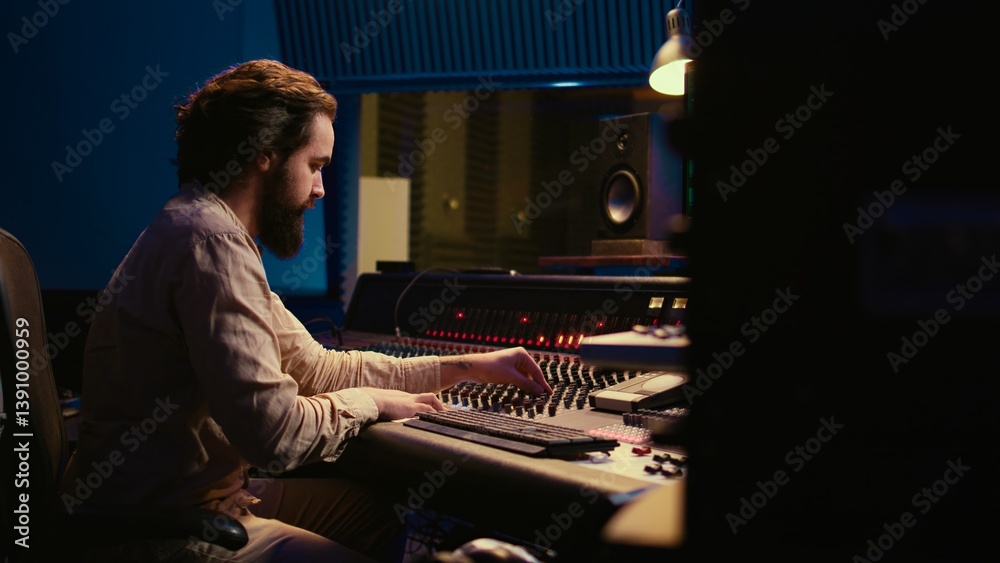 Poster Portrait of sound engineer recording audio and editing with mixing console, twisting knobs on panel board in control room. Audio technician working on mix and master in professional studio. Camera B.