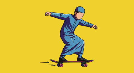 Moslem Man Skateboarding Vector Illustration In Pixel Art Style Against Yellow Background