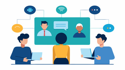 Collaborative ProblemSolving A group of customer service agents gathered around a large touchscreen displaying a flowchart created by AI to solve complex customer queries.
