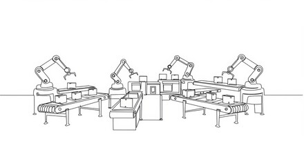 Fototapeta premium Minimalist Line Art: Robotic Sorting System for Packaging with Continuous Line