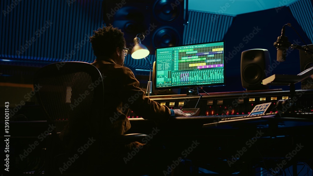 Poster african american sound designer operates control desk mixer and audio software for editing tracks. p