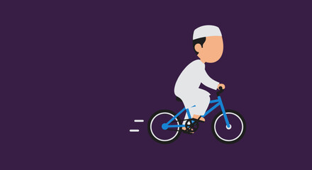 Fototapeta premium Muslim Man Riding Bicycle in Pixel Art Style on Purple Background