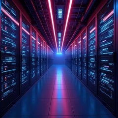 Fototapeta premium A futuristic data center corridor illuminated by neon lights, showcasing rows of servers and technology. Ideal for concepts around data management, IT infrastructure, and innovation.