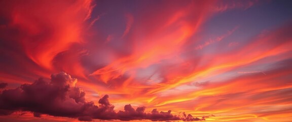 Fototapeta premium Vibrant hues of orange, pink, and purple paint the twilight sky, clouds ablaze with fiery colors, evening, serene, purple