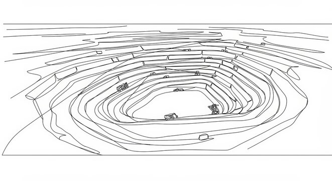 Minimalist line drawing depicting an open-pit mine with operating machinery