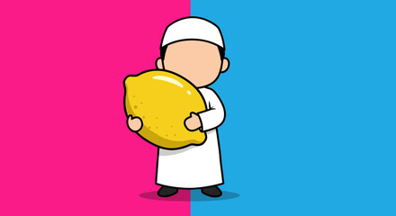 Obraz premium Pixelated Moslem Boy Holding Yellow Lemon Against Pink And Blue Split Background