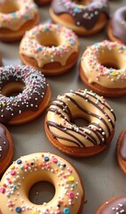Delightful assortment of colorful donuts, perfect for sweet treats, bakery promotions, and food photography.