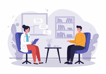 A therapist sits with a young man in a consultation room. She takes notes while he speaks, creating a supportive and professional atmosphere. Clean, modern design.