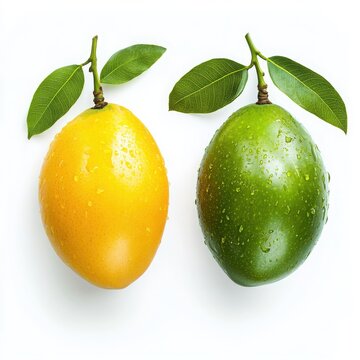 A close up of two fresh mango chide fruits one yellow and one green with leaves on a white background isolated on white background