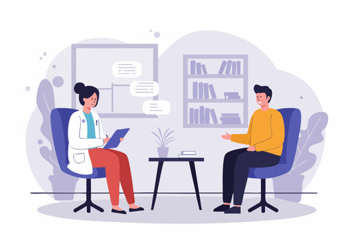 A therapist sits with a young man in a consultation room. She takes notes while he speaks, creating a supportive and professional atmosphere. Clean, modern design.