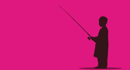 Naklejka premium Silhouette of a young boy fishing with a rod and reel against a bright pink background vector illustration