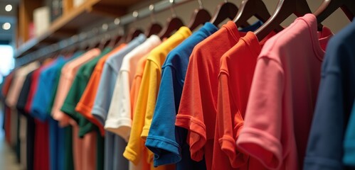 Obraz premium A vibrant display of colorful polo shirts neatly arranged on hangers, perfect for showcasing clothing retail, fashion marketing, or apparel design themes.