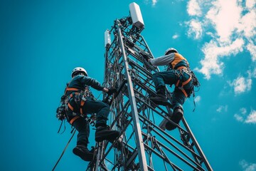 Two male technicians climbing cell tower against blue sky