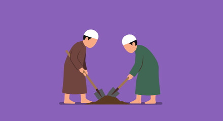 Fototapeta premium Two Men Digging With Shovels on Purple Ground with Brown and Green Clothing Vector Illustration