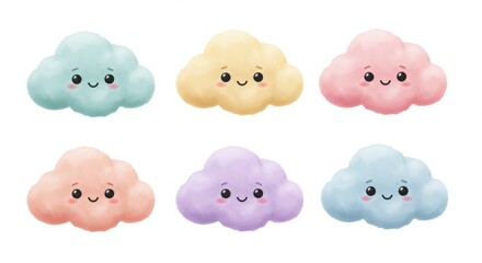 Fototapeta premium A set of six fluffy, smiling clouds in pastel colors, each with a unique happy expression, arranged playfully on a clean white background