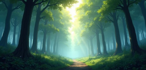 Obraz premium A serene forest scene bathed in soft light, ideal for nature-themed projects, relaxation, or wellness campaigns.