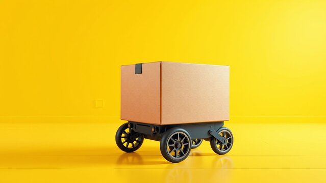 Delivery robot with box on yellow background