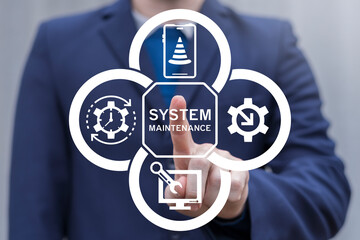 Person using virtual touch screen push inscription: SYSTEM MAINTENANCE. System Maintenance Update Program Software Application Technology Computer Engineering Concept.