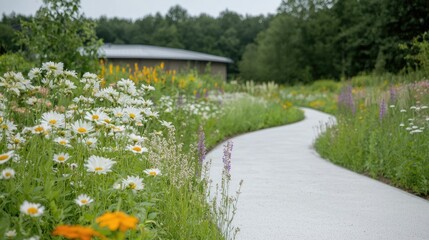 Obraz premium Winding path through a vibrant flower garden. A paved walkway meanders through a colorful flowerbed of daisies, wildflowers and other blooms. A modern building is visible in the background