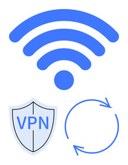Large wireless signal icon, VPN shield, and circular arrows symbolizing connectivity, privacy, and data security. Ideal for cybersecurity, privacy, protection, networking connection communication
