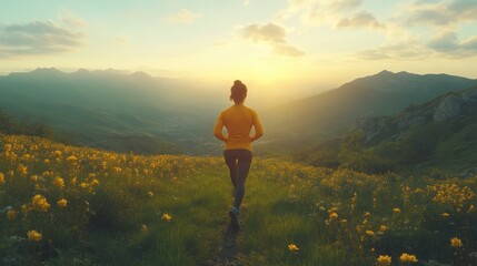 Fototapeta premium Sunset Hike A Person Walking Through a Field of Flowers Towards the Horizon