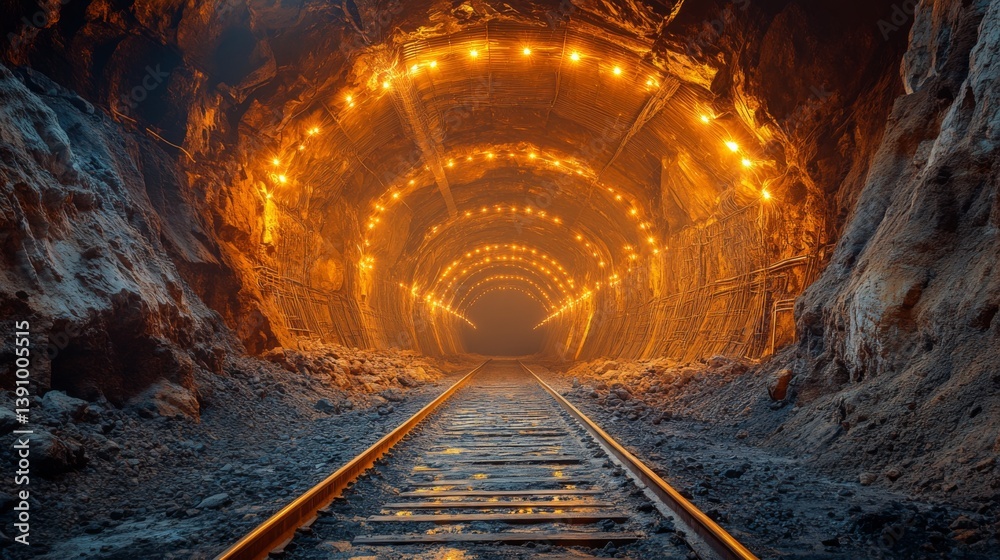 Poster the interior of a mining tunnel showcases bright lights along the rails, highlighting the deep excav