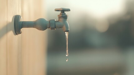 Water drips from a metal tap attached to a wooden surface outdoors.