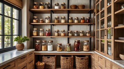 Modern Rustic Pantry with Glass Jars and Natural Baskets in Sunlit Kitchen Interior