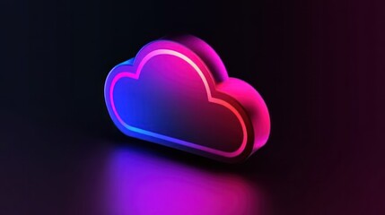 Neon cloud icon glowing, dark background, digital storage concept