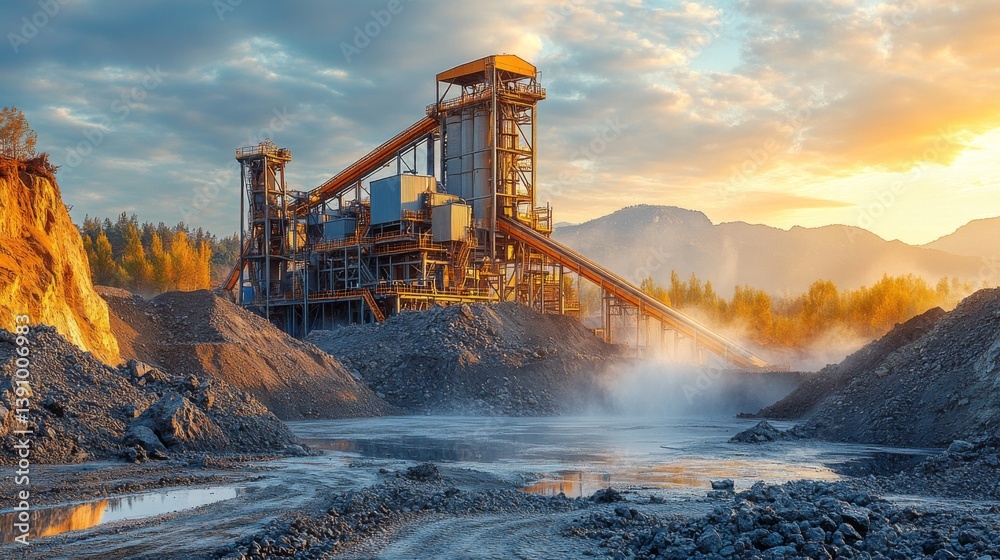 Leinwandbilder Mineral processing is underway at a mining site as machinery works in the foreground against a backdrop of mountains during sunset, with mist rising from the ground.