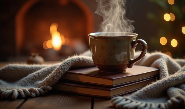 A cozy scene featuring a steaming cup of coffee on stacked books, with a warm fire and soft blanket, perfect for evoking feelings of comfort and relaxation.
