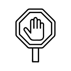 Obraz premium Black outline icon of octagon stop sign with raised hand symbol for warning, prohibition or restricted access concept