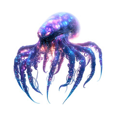 Floating Alien Creature with Glowing Tentacles Holding a Jellyfish Isolated on Transparent Background