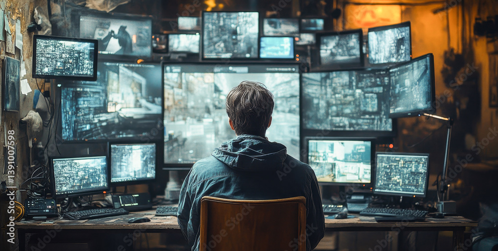 Poster A person sits focused in front of a large setup of multiple screens displaying banking transactions and verification processes.