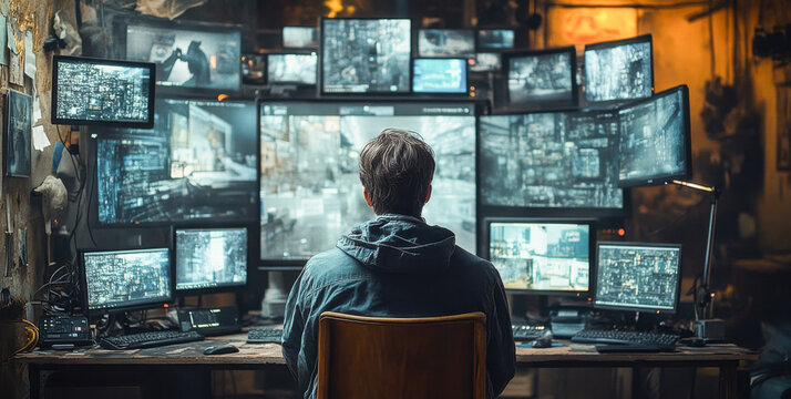 A person sits focused in front of a large setup of multiple screens displaying banking transactions and verification processes.