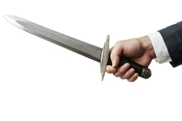 Hand Holds Intricate Steel Sword on White. Dark Suit Jacket With White Shirt