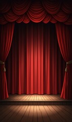 A luxurious red velvet curtain drapes elegantly over a wooden stage, inviting performers and audiences alike to a world of creativity and entertainment.