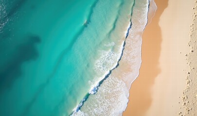 A serene aerial view of a calm beach with turquoise waters gently lapping against golden sand, perfect for travel and relaxation themes.