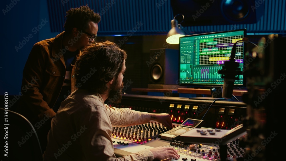 Aufkleber Team of audio technician and artist producing and editing sounds on mixer console, using professional software on pc. Musician does collaboration with engineer to create music. Camera B.