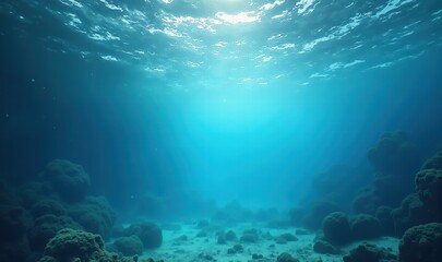 Fototapeta premium Explore the serene beauty of underwater landscapes with this captivating image featuring sunlit blue waters and coral formations, perfect for marine and environmental themes.